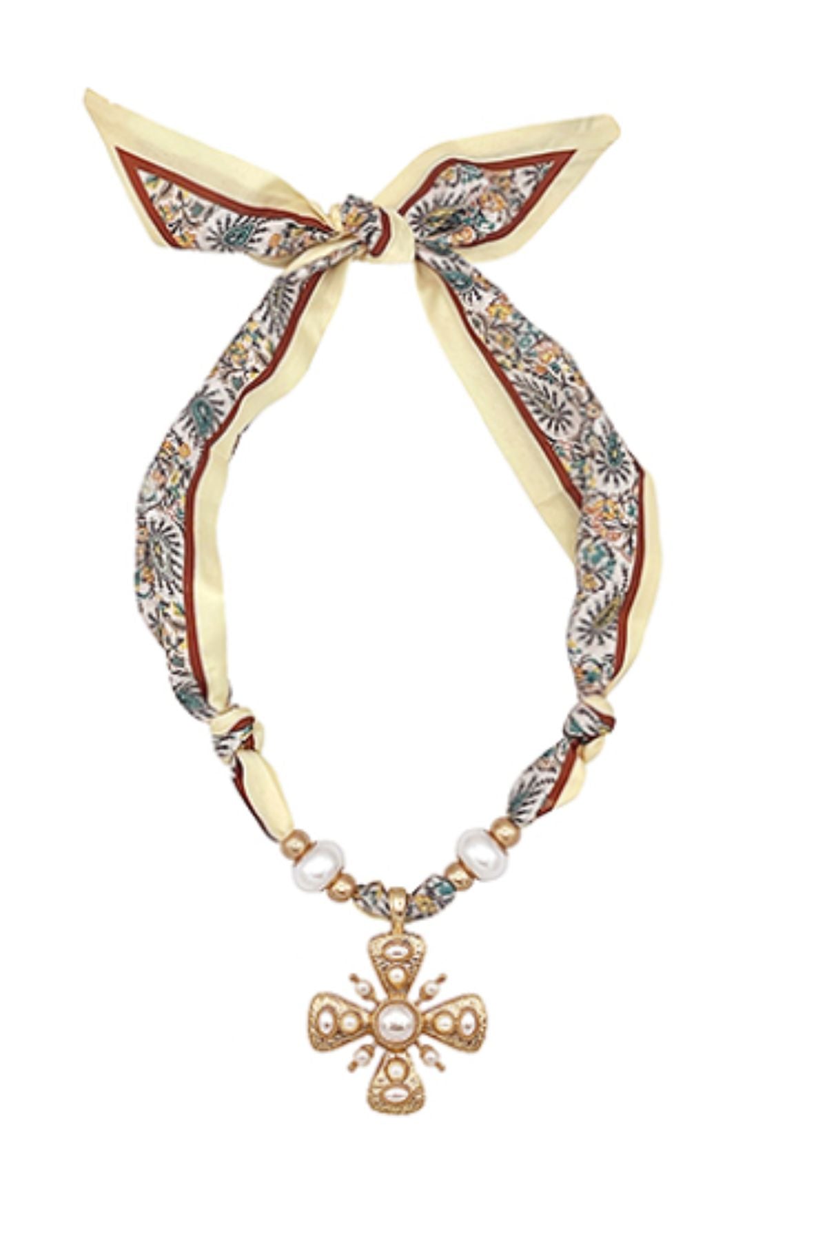 Cream/Brown Scarf Necklace Pearl/Gold