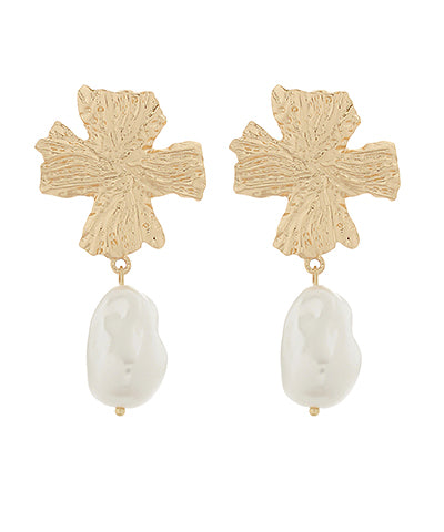 Gold Textured Cross and Pearl Earrings