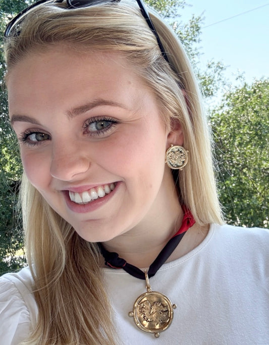 Gamecock Scarf Necklace and Gold Earrings