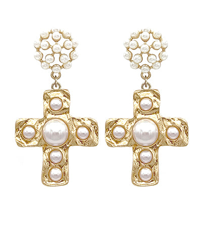 Multi Pearl Gold Cross Earrings with Pearl Stud