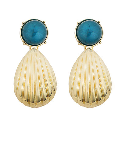 Dark Teal Dome and Shell Gold Earrings