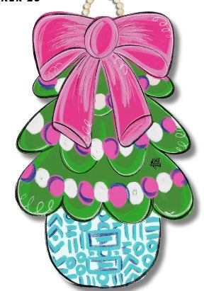 Pink Bow Chinoiserie Christmas Tree Door Hanger