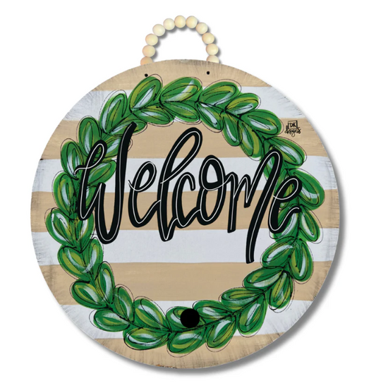 Welcome Tan Stripe/Wreath Door Hanger