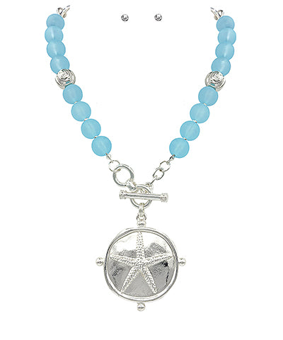 Seaglass Blue Silver Starfish Round Necklace Set