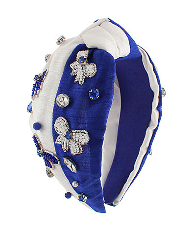 Royal Blue and White Bow Beaded Headband