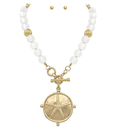 Seaglass White/Gold Starfish Round Necklace Set
