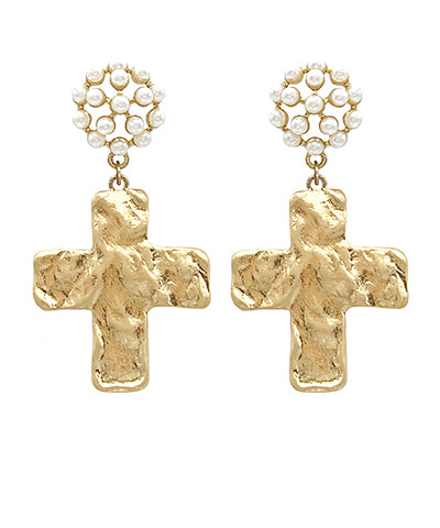 Cross Hammered Gold Earrings with Pearl Stud