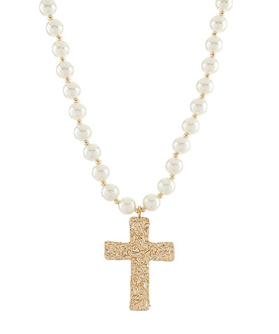 Large Pearl and Hammered Gold Cross Necklace