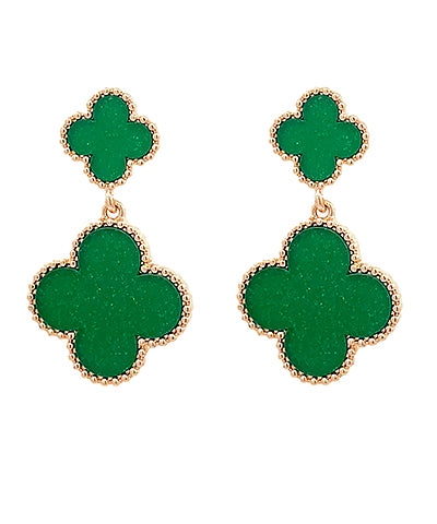 Shamrock Double Green Glitter Dangle Earrings