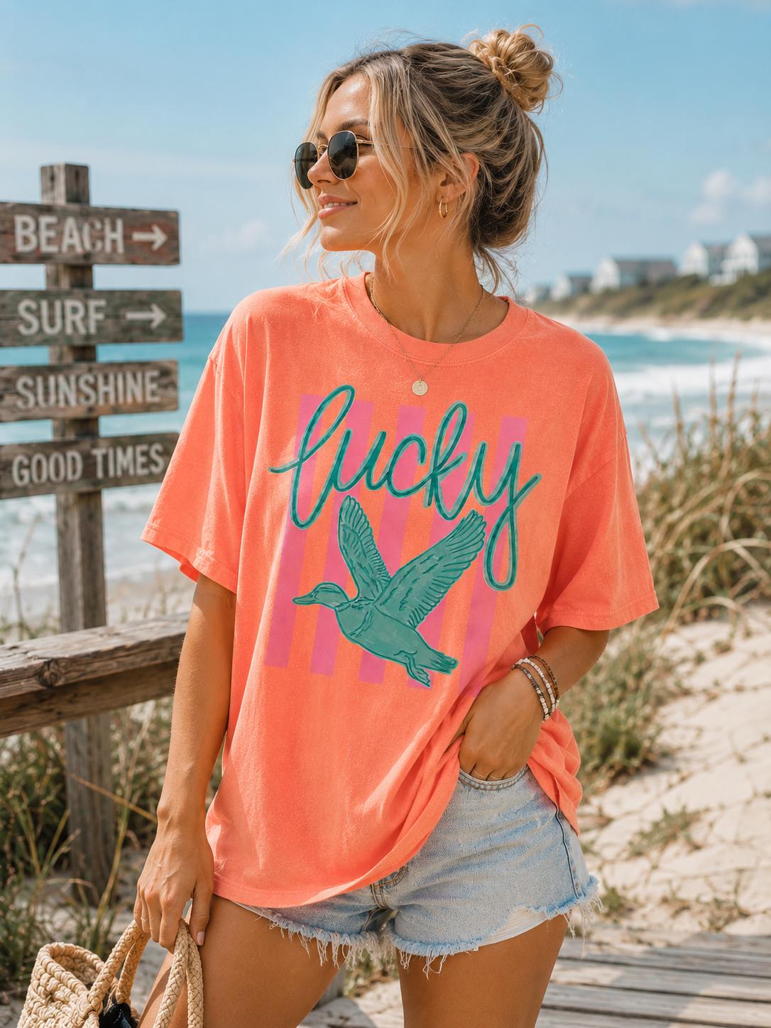 Lucky Duck Comfort Colors Shirt, Neon Cantaloupe Graphic Tee, Duck Hunting Shirt, Coastal Southern Boutique Tshirt Birthday Gift Graduation