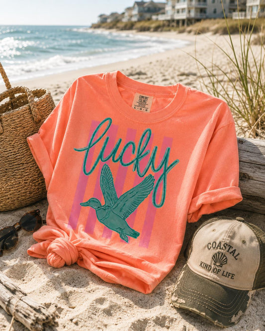 Lucky Duck Comfort Colors Shirt, Neon Cantaloupe Graphic Tee, Duck Hunting Shirt, Coastal Southern Boutique Tshirt Birthday Gift Graduation